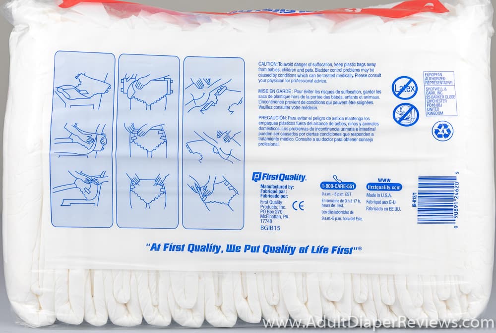 First Quality Briefs back of Bag With UPC